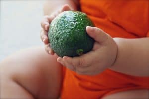 Baby holding a green avocado