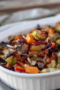 Sweet potato unstuffing with brussel sprouts and pecans