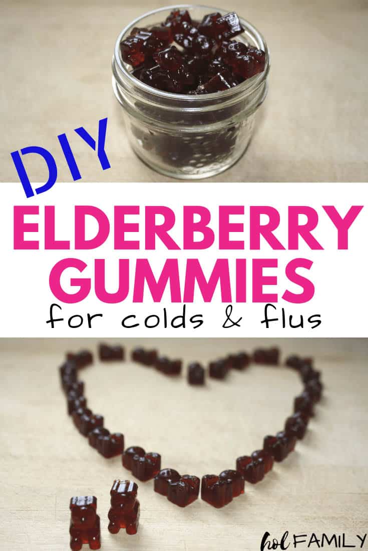 Homemade elderberry gummy bears in a glass jar for colds and flus