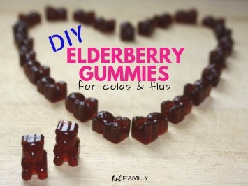 Homemade elderberry gummy bears in a glass jar for colds and flus