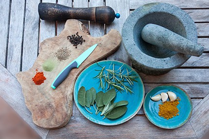 Fresh herbs on a cutting board